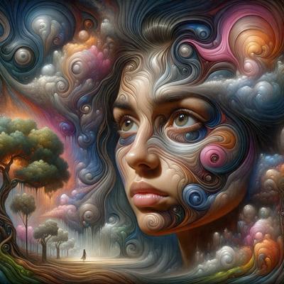 The primary subject of the image is a woman with a unique and artistic appearance. She is the main focus of the image, and her face is adorned with a mix of colors and patterns. The setting is a forest, with trees visible in the background. The visual style of the image is a combination of digital art and illustration, creating a surreal and dreamlike atmosphere. The colors and mood of the image are vibrant and lively, with a sense of whimsy and creativity.